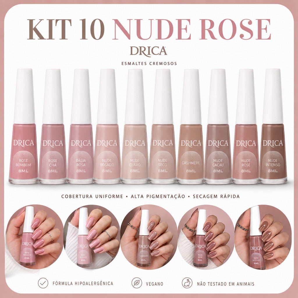Kit 10 Esmaltes Cores Tons Nude e Rosa - Drica