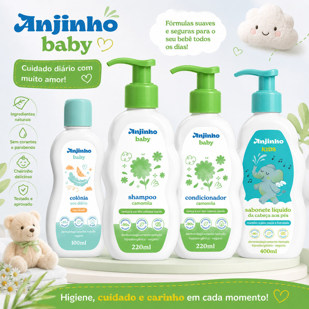 Kit Anjinho Baby Camomila + Colônia + Sabonete Líquido Kids 4 Produtos